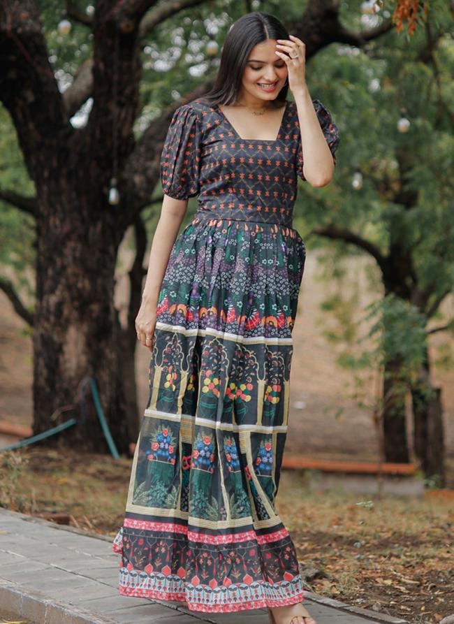 Pure Chanderi Multi Colour Casual Wear Printed Readymade Gown